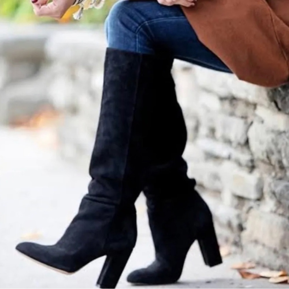 SAM Edelman Caprice Suede Leather Block Heel Knee High Boots Black Sz 8.5 M NWT